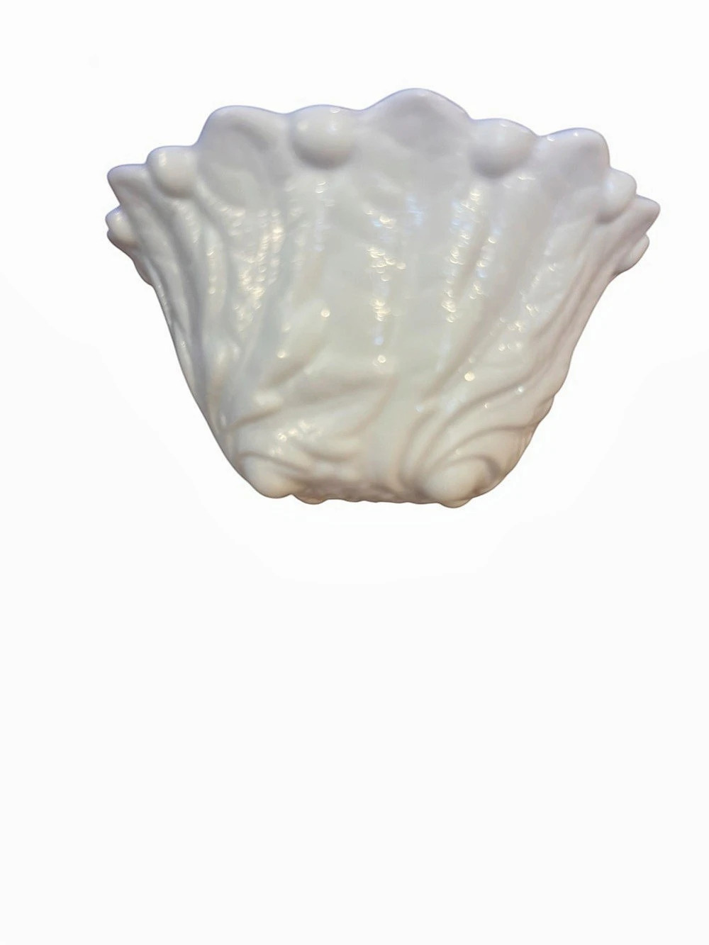 Vintage White Milk Glass Embossed Floral Leaf Bowl Scalloped Rim